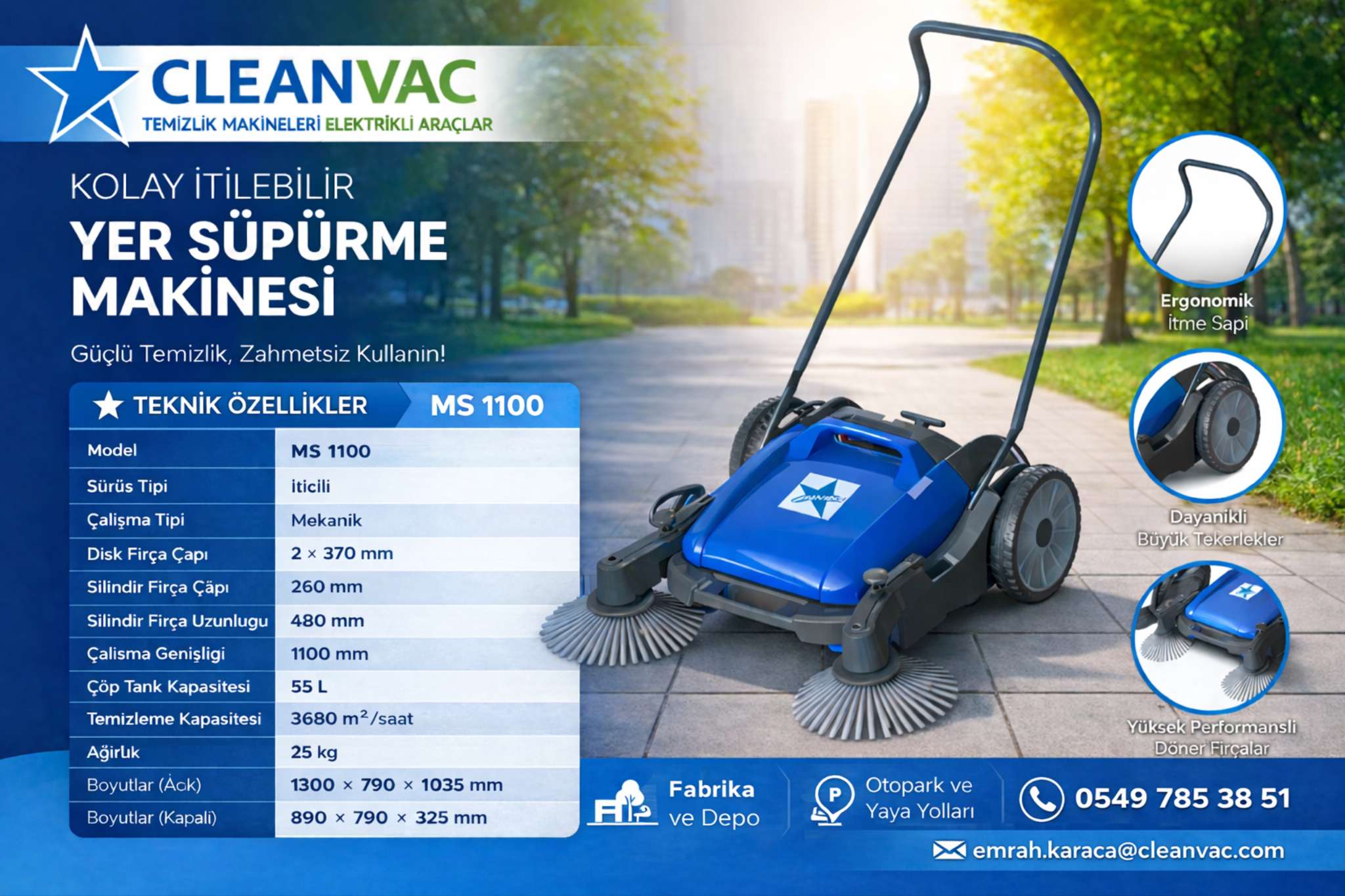 Manuel Zemin Süpürme Makinesi MS 1100 | CLEANVAC İticili Endüstriyel Süpürücü