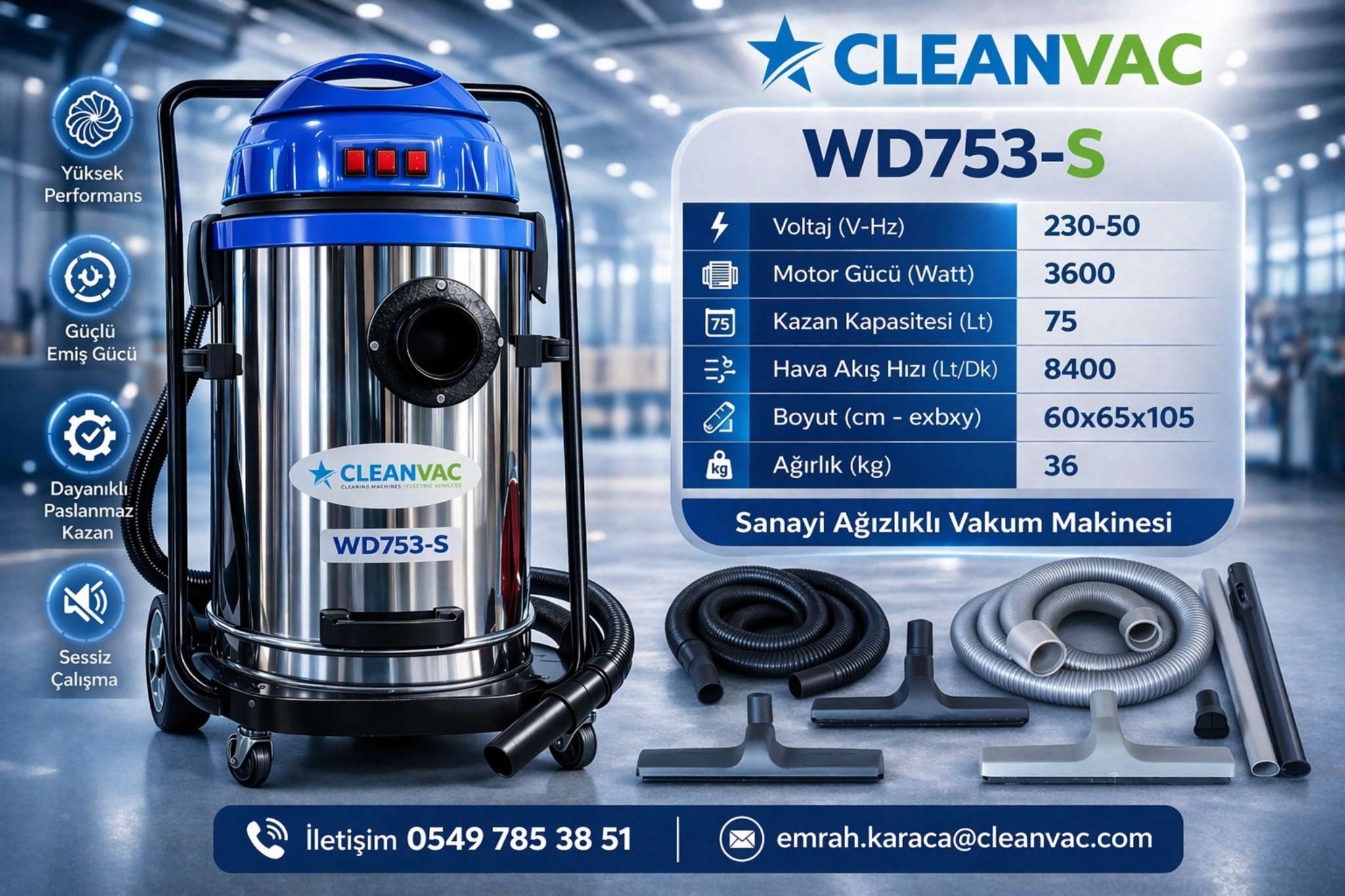 Sanayi Tipi Süpürge CLEANVAC WD753-S 3600W | Güçlü Endüstriyel Vakum Makinesi